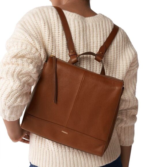 Fossil $250 Elina Convertible Backpack Leather Small Brown Satchel Minimalist - Picture 2 of 12